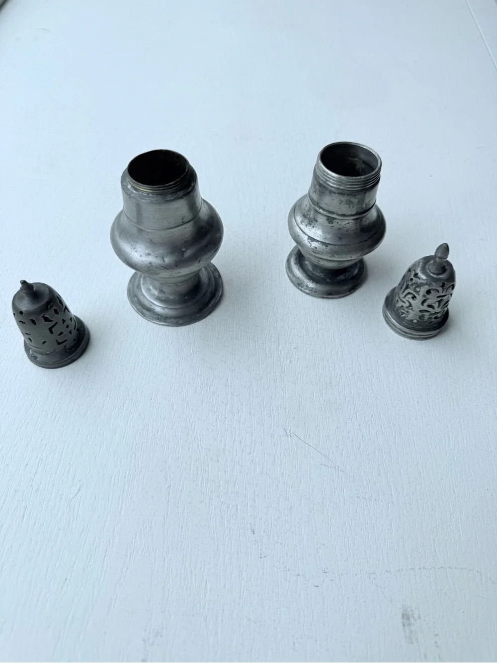 Vintage Pewter Sugar Spice Casters Shakers Pierced Tops Set of 2